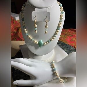 Handmade Pearl and Amazonite Beaded Jewelry Set Necklace Bracelet and Earrings